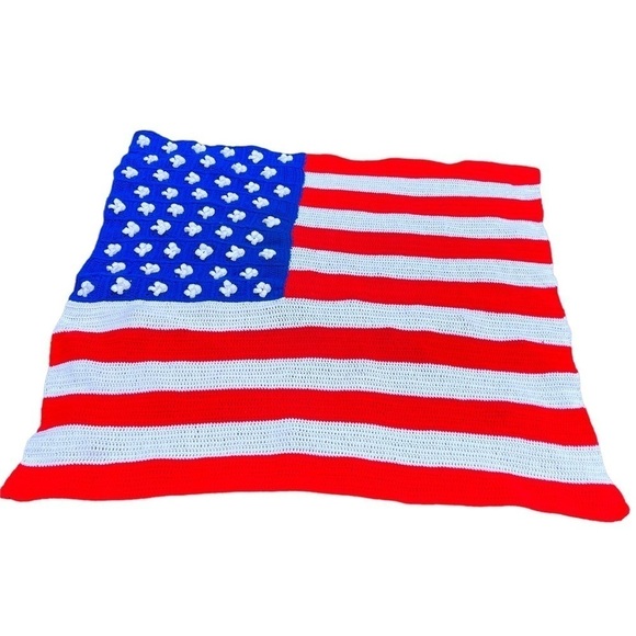 Handmade Crochet American Flag Afghan Patriotic Red White and Blue Huge! USA GUC - Picture 1 of 12